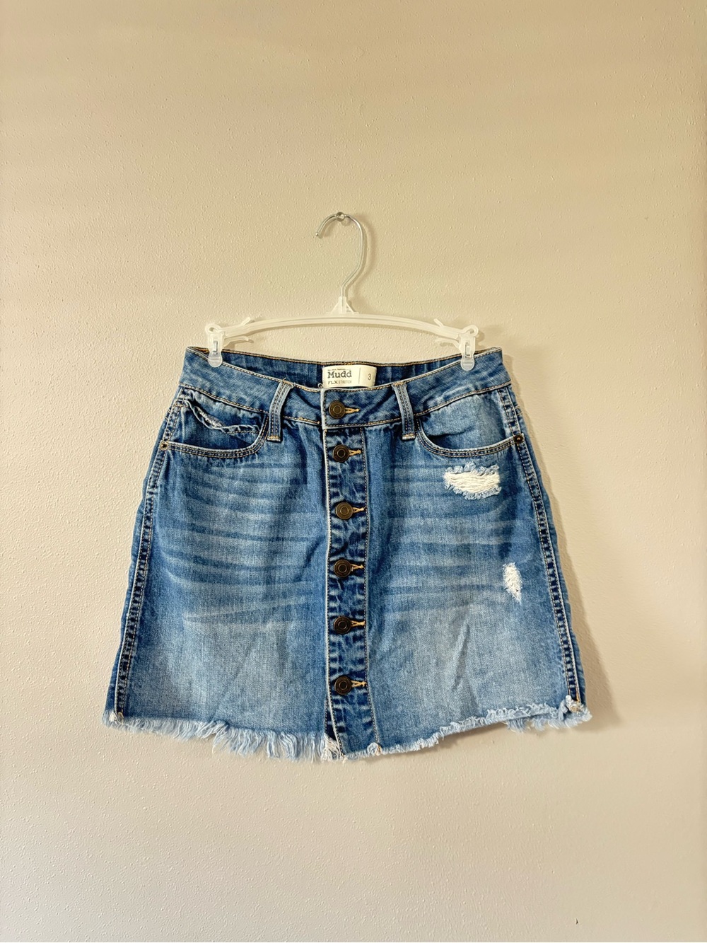 Mudd Light Blue Distressed Button-Front Mini Skirt
